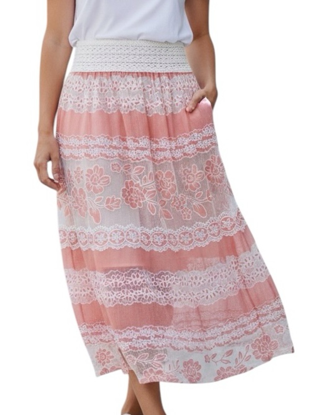 ME 2 MAGIC Smocked Waist Floral Lace Midi Skirt Blush Pink Size Small